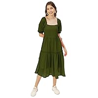 Solid Square Neck Smocked Midi Dress, Poly Georgette Dresses for Women Olive Green