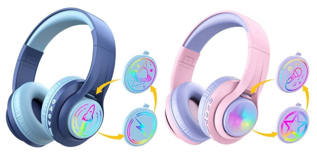 iClever TransNova Kids Bluetooth Headphones Blue & Pink Bundles-RGB Light Up, Replaceable Plate, 74/85/94dB Volume Limited, 45H Playtime, Stereo So...