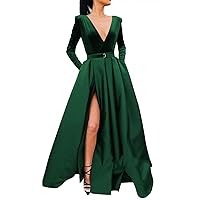 Miao Duo Women's Sparkly Sequin Prom Ball Gown with Pockets Long Sleeve Satin Formal Evening Dress with Slit YZTS055