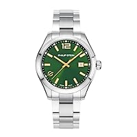 Philip Stein Analog Display Wrist Swiss Quartz Traveler Men Smart Watch Stainless Steel Silver Clasp Chain with Green Dial Natural Frequency Technology Provides More Energy - Model 92-CGRNG-SS