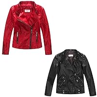 LJYH Girls Faux Leather Quilted Shoulder Motorcycle Jackets Kids Spring Moto Biker Coats Red 11/12 Years Boys Spring Faux Leather Moto Jackets Kids Zipper Fall Coats Outerwear 11-12yrs 150cm
