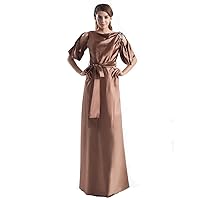 Chocolate Brown Half Sleeve A Line Long Semi Formal Dresses With Sash