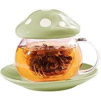 Cute Tea Mug Set Mushroom Teapot Milk Glass Coffee Tea Cups Mugs with Lid and Tray Strainer Filter Infuser (290ML 9.6oz) (green)