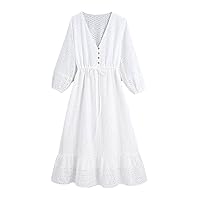 Spring Women White Hollow Out Dress Embroidery Half Sleeve Elastic Waist Casual Sexy Party Robe Dresses