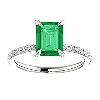 Trendy 1.5 CT Emerald Cut Emerald Engagement Ring 14k White Gold, Genuine Emerald Diamond Pave Band, Natural Green Emerald Ring, Emerald Edwardian Ring, Wedding Ring