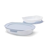 Rubbermaid Glass Baking Dishes for Oven, Casserole Dish Bakeware, DuraLite 4-Piece Set, Rectangular Dishes, White (with Lids)