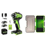 Greenworks 24V Brushless Cordless Impact Driver Kit, Batteries and Charger Included, with 14-Piece Black Oxide Drilling Bit Set