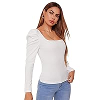 Women's T-Shirt Square Neck Leg-of-Mutton Sleeve Top T-Shirt for Women T-Shirt Wream