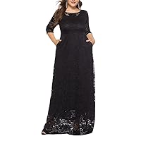 Women's Plus Size Crew Neck Three Quarter Sleeve Solid A line Lace Cocktail Dress Evening Party