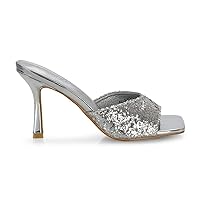Womens Slip On Square Toe Mule Shoes Ladies Party Glitter Slider High Heel Sandals