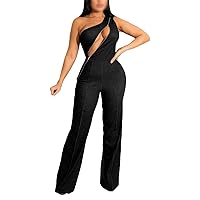 Women's Sexy One Shoulder Sleeveless Jumpsuit Front Zipper High Waist Trousers Club Cocktail Party Wide Leg Rompers