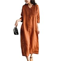 Women' Summer Casual Cotton Linen Dress with Sleeve V-Neck Solid Soft Loose Female Elegant