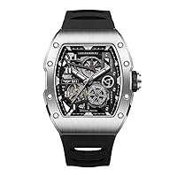 JINLERY Skeleton Automatic Self-Wind Men Tonneau Wrist Watch Stainless Steel Silicone Sapphire Crystal Waterproof Kinetic Energy Reserve Clock Man Hollow Luminous Mechanical Wristwatch