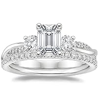 Center 1 ct 7X5 mm Emerald Cut Colorless Moissanite Vintage Antique Art Deco Flower Prong Engagement Ring 14K Gold QUALITY Silver Engagement Ring Solitaire with Accents for Women
