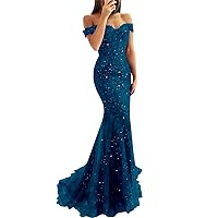 Lace Mermaid Prom Dresses for Women Bodycon Off The Shoulder Formal Dress with Train BD409