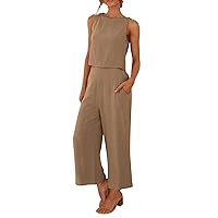 Women's Summer 2 Piece Outfits Casual Sleeveless Tank Tops Cotton Linen Wide Leg Pants Set with Pockets Loose Sets