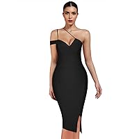 UONBOX Women's Cut Out One Shoulder Sleeveless Split Club Party Fashion Bandage Dress