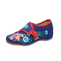 Floral Embroidered Shoes for Women Vintage Casual Loafers Canvas Shoe Ethnic Pumps Ladies Slingbacks Sandals Denim Blue 9