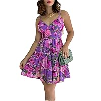 Women Deep V Neck Sleeveless Dress Floral Print Mini Vacation Dresses