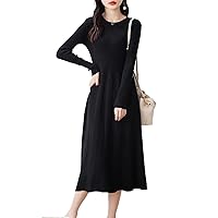 Winter Length-Keen Cashmere Dresses Female O-Neck Wool Clothing
