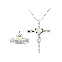 Matching Jewelry 14K White Gold Claddagh Friendship Ring & Cross Necklace with 18