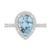 Clara Pucci 2.42ct Pear Cut Solitaire with Accent Halo Genuine Natural Light Sea Blue Aquamarine designer Ring Real 14k White Gold