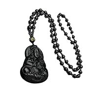 Stone Black Obsidian Carved Buddha Lucky Amulet Pendant Necklace Jewelry for Women Men Sweater chain Pendants Professional Design, silver