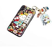 Compatible with iPhone 13 Pro Max Case with Phone Lanyard, 6.7 inch Cute Japanese Lucky Cat Design, Glitter Luxury Silicone 3D Emboss Phone Case with Wrist Strap (iPhone 13 Pro Max, Black)