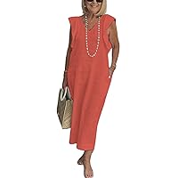 Women Linen Dress Summer Casual Dresses Sleeveless Maxi Dress Tank Long Dress Tie Back Dress Beach Vacation Dresses