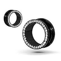 Black Anodized Titanium Over Surgical Steel Screw-on Plugs/gauges with Clear Diamond Cz Stones 2 Pieces