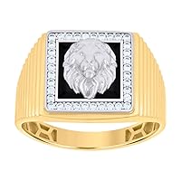 10k Two tone Gold Mens CZ Cubic Zirconia Simulated Diamond Leo/lion Head Animal Black Enamel Square Zodiac Sign/wildlife Ring Measures 14mm Long Jewelry Gifts for Men