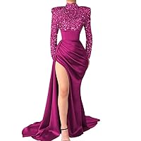 Sequin Satin Prom Dresses Long for Women with Sleeves Mermaid Formal Wedding Evening Gowns 2024