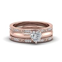 Choose Your Gemstone 3 Piece Diamond CZ Bridal Set with Filigree Rose Gold Plated Heart Shape Trio Wedding Ring Sets Lightweight Office Wear Everyday Gift Jewelry US Size 4 to 12