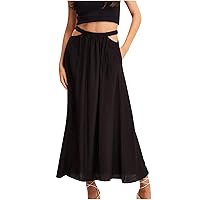 Cut Out Flowy Skirt for Womens Solid Color Bandage Midi Skirt High Waisted A-Line Skirt Cotton Linen Long Skirt