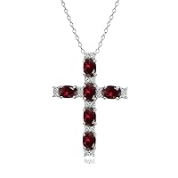 Sterling Silver Genuine, Created or Simulated Gemstone Oval-Cut Cross Pendant Necklace with White Topaz Accents, Metal, Ruby,