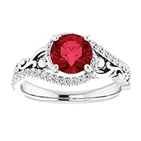 Round Cut Sculptural 1 CT Ruby Engagement Ring 925 Silver/10K/14K/18K Solid Gold Scroll Red Ruby Ring Art Deco Genuine Diamond Ring Vintage Rings July Birthstone