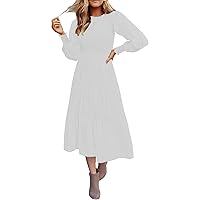 Women's 2023 Casual Long Sleeve Crew Neck High Waist Smocked Flowy Tiered Midi Dress Womens Formal Cocktail Dresses 2023 Fall