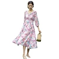 Women's Heavy Real Silk Dress,Seven-Point Sleeve V-Neck Slimming Mulberry Silk Floral Long Beach Skirt,midi