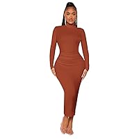 Dresses for Women Women's Dress High Neck Solid Bodycon Dress Dresses (Color : Rust Brown, Size : X-Small)