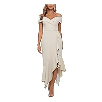 Xscape Womens Beige Stretch Zippered Ruffled Asymmetrical Hi-lo Hem Short Sleeve Off Shoulder Maxi Formal Fit + Flare Dress 4