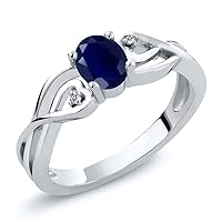Gem Stone King 925 Sterling Silver Oval Blue Sapphire and White Lab Grown Diamond 3 Stone Engagement Ring For Women (0.56 Cttw, Gemstone Birthstone, Available In Size 5, 6, 7, 8, 9)