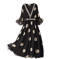 100% Mulberry Silk Dress Women Summer Boho Dress Half Sleeve Dot Printing V Neck Midi Dress