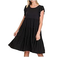 Summer Dresses for Women 2023 Casual Ruffle Bell Sleeve Round Neck Smocked Tiered Ruffle Shift Mini Babydoll Dresses