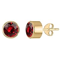 Solid 14K Yellow Gold Over 925 Sterling Silver Solitaire Birthstone Gemstone Stud Earrings for Women