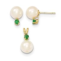 14k Yellow Gold Post Earrings 7 7.5mm White Freshwater Cultured Pearl and Emerald Stud Earrings And Pendant Necklace Meas Measures 7x7mm Wide Jewelry Gifts for Women
