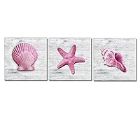 QBQT 3 Pieces Pink Artwork Rustic Conch Shells Starfish Ocean Theme Coastal Wooden Grain Canvas Wall Art for Girl Bedroom Frame Home Decoration Pink Starfish Nursery Room Wall Decor 12x12inch