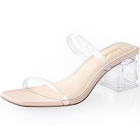 Leevar Square Toe Heeled Sandals for Women - Women's Low Block Heels Sandals - 2.25IN Open Toe Ankle Strap Chunky Heels - Slip on Heeled Sandal Mule- Nude Black Strappy Heels for Party Wedding Dress Shoes