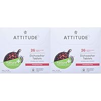 ATTITUDE Dishwasher Tablets, Water-soluble Plant- and Mineral-Based Effective Formula, Phosphate-free, Vegan and Cruelty-free, Unscented, 26 Count (Pack of 2)