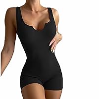 Women Yoga Rompers Workout Ribbed Knit Notched Scoop Neck Sleeveless Sport Romper Solid Stretchy Bodycon Jumpsuits