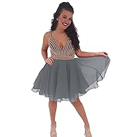 MllesReve Short Homecoming Dresses Chiffon Crystal Beaded V Neck Spaghetti Straps Knee Length Prom Dresses